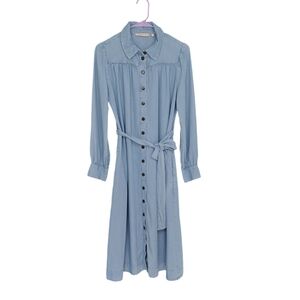 Soft Surroundings Tencel Lyocell Long Sleeve Chambray Dress Belted Pockets PL